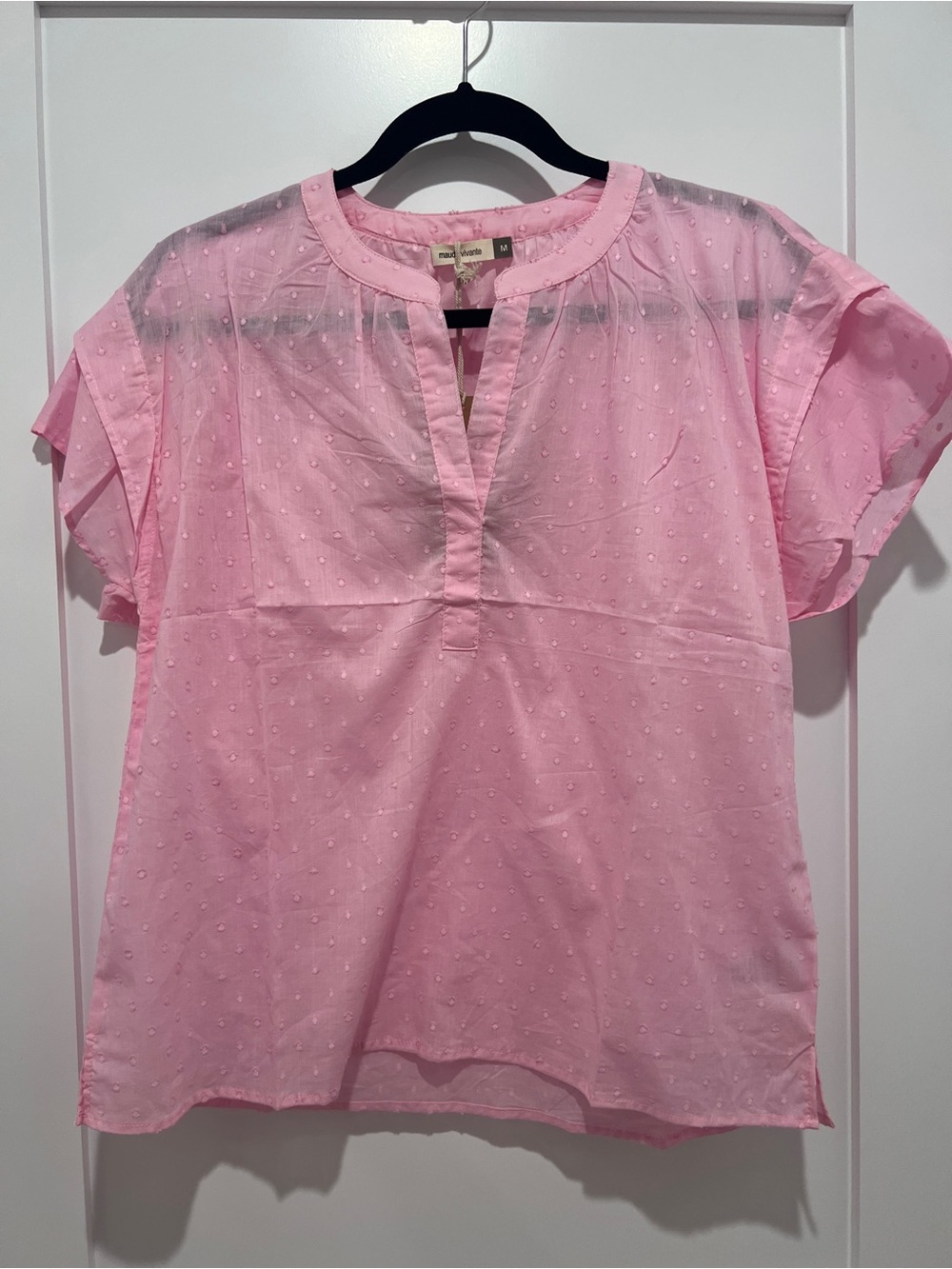 Maude Vivante Woman’s top Med Light Pink Swiss Dot Split-Neck Blouse